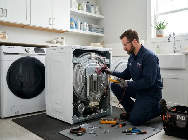 Appliance Repair Hero technician checking a dryer heating element with the rear panel off in Bourbonnais, IL