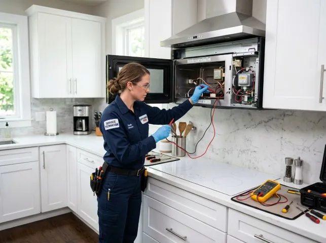 Appliance Repair Hero technician testing an over-the-range microwave in a Bourbonnais, IL kitchen
