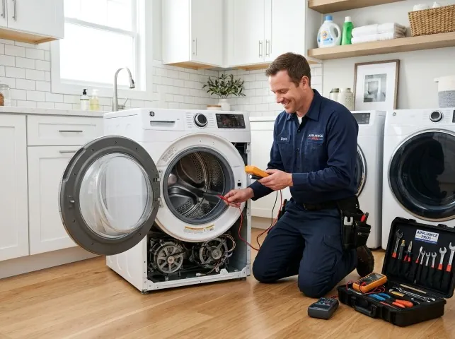 Appliance Repair Hero technician testing a front-load washer with a multimeter on a Bourbonnais, IL service call